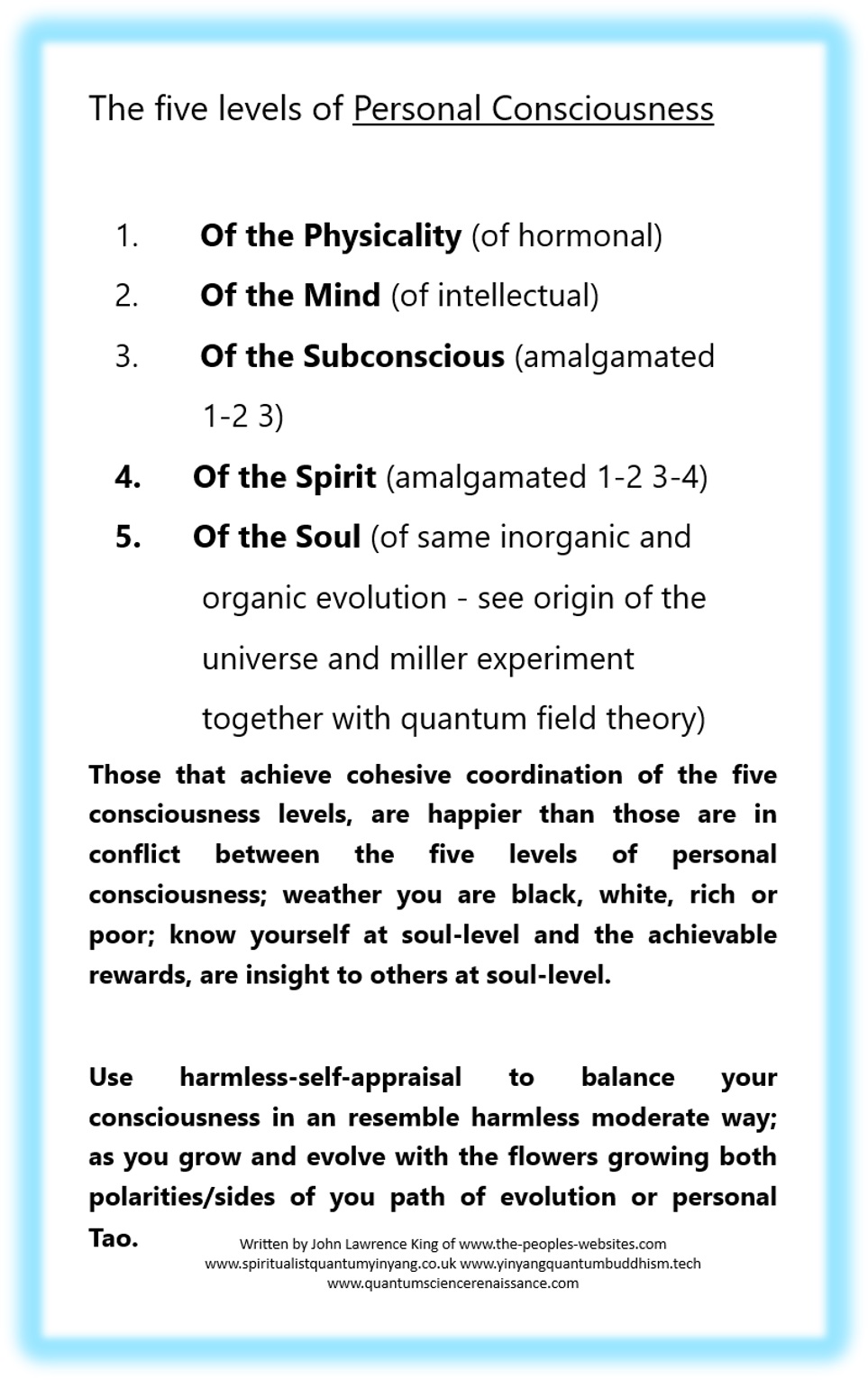 The five levels of Personal Consciousness by john lawrence king